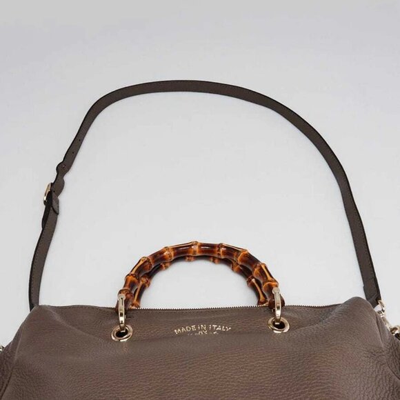 Gucci Grey Pebbled Leather Bamboo Shopper Boston Bag - Picture 5 of 12